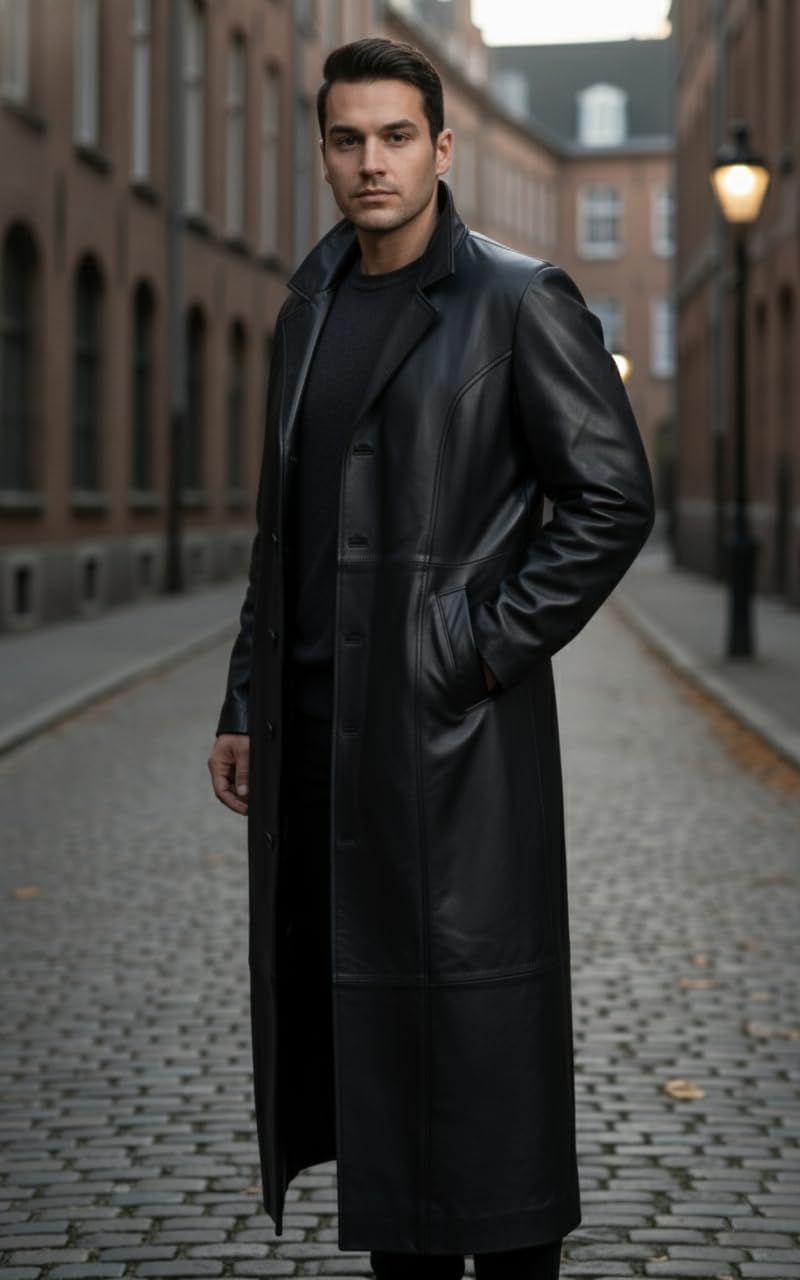 Leather Trench Coat Mens Real Lambskin Leather Duster Long Jacket Full Length Classic Overcoat Winter Outwear
