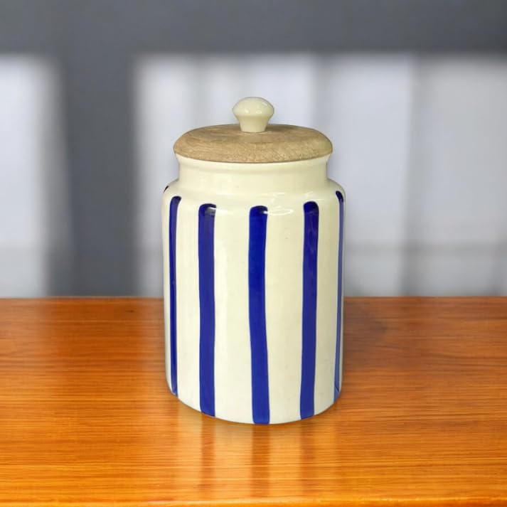 Image of Airtight Ceramic Jars (Pack of 2) - 900ml Each - Wooden Lid - Kitchen Containers for Sugar, Tea, Salt, Pickles, Pulses & More (Blue Lines)