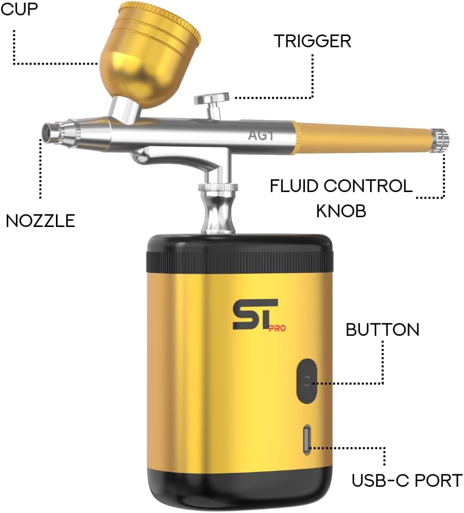 Supreme Trimmer Barber Airbrush Kit Cordless Hair and Beard Enhancement System with Ink Cleaning Solution 2 Style Triggers for Thinning Hair Natural Texture Fuller Looking Hair - AG1 (Gold)