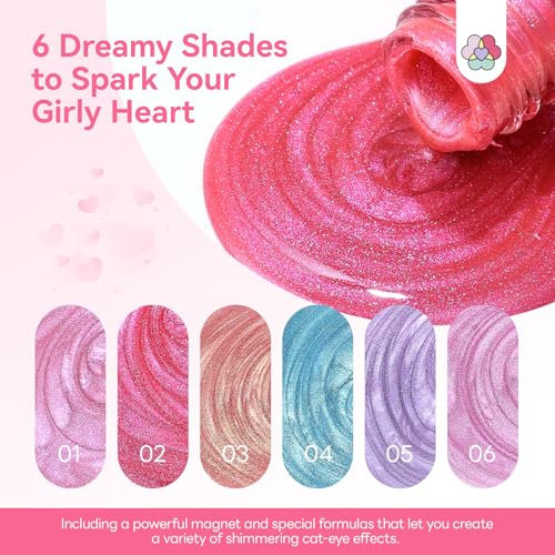 Image of SAVILAND Valentine Nail Polish Set: Quick Dry 6 Colors Cat Eye Nail Polish Shimmer Romantic Pink Series Magnetic Cateye Fingernail Polish with Magnet Stick DIY Manicure Gift for Women Girls10ml