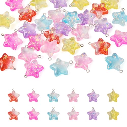 36pcs Star Resin Charms Assorted Resin Star Bead Cartoon Glitter Powder Star Charm Mixed Color Star Pendant with Platinum Tone Iron Loops for Jewelry Making Earring Bracelet DIY Crafts