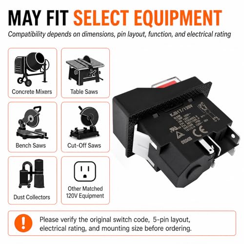 Image of KJD17 /120V Switch 120V 16A 5-Pin (1-Pack) No-Volt Release Electromagnetic Push Button Switch, 46 x 22 mm Cutout, for Concrete Mixer Table Saw Power Tool