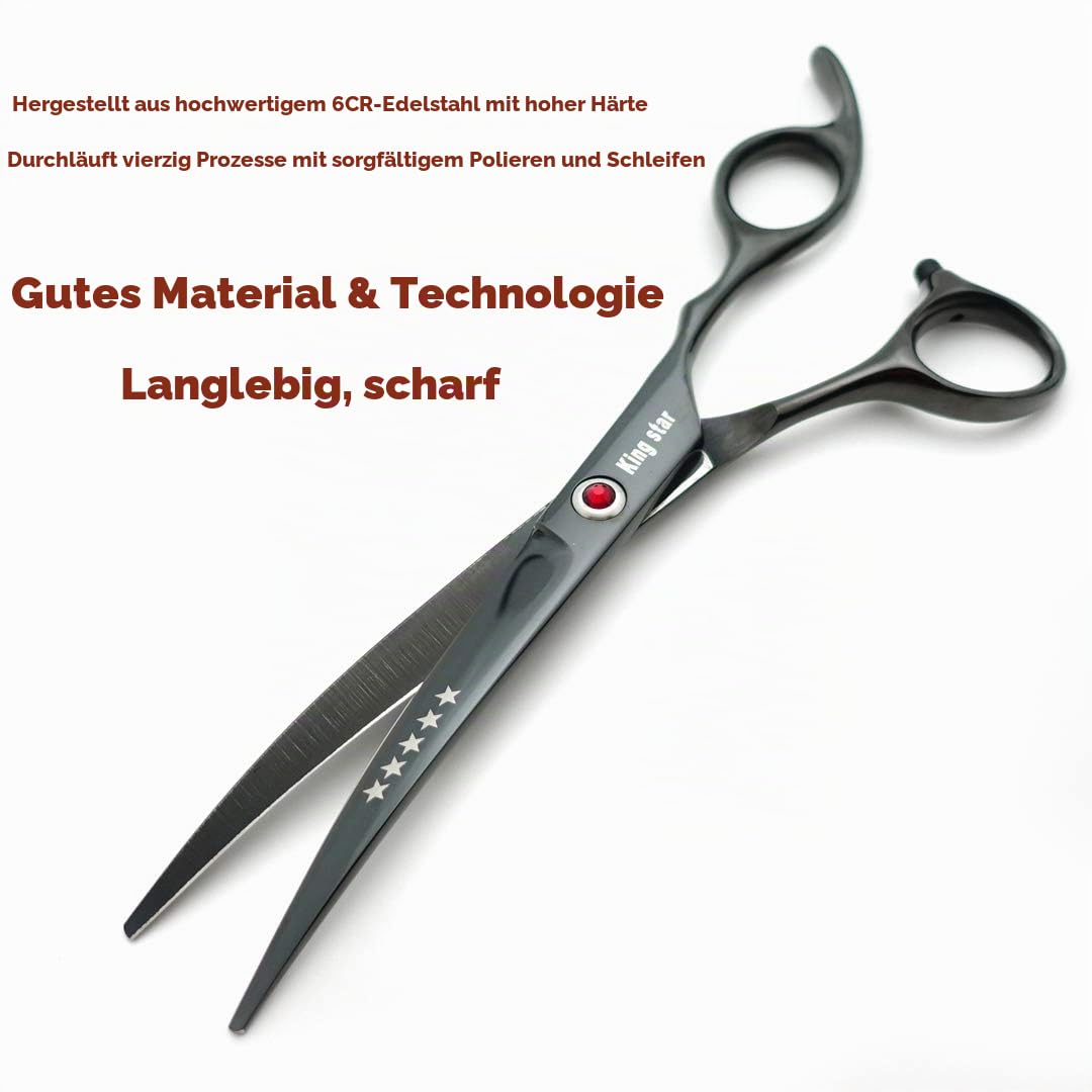 Professionelles Fellscheren-Set aus Titan, 17,8 cm, gerade, dünner werdend, gebogen, 4-teiliges Set für Hundepflege, Hellschwarz mit Kamm