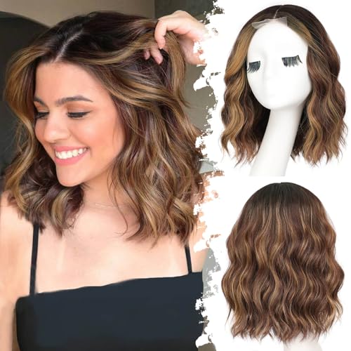 Eawwii Brown Highlight Short Wavy Wig for Women Lace Hairline Bob Style Synthetic Heat Resistant - Natural Appearance for Everyday Hairstyle 14 Inch