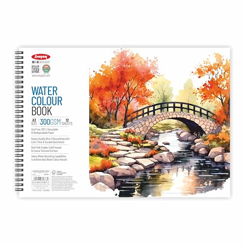 Image of Anupam Artists Watercolour Wire-O Book 300 GSM Cold Pressed A3 24 Pages for Watercolour, Gouache, Ink, Acrylic, Wet & Mixed Media, Art Painting, Drawing for Artists & Amateurs