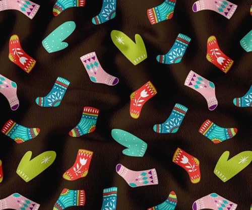 Image of Soimoi Brown Cotton Canvas Fabric Socks & Gloves Folk Art Print Fabric by the Meter 56 Inch Wide