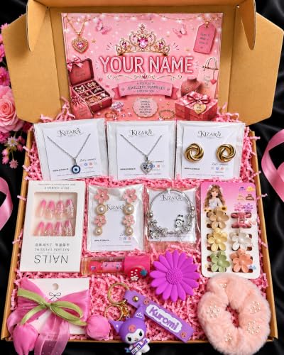 Image of Customized Name Jewellery Gift Hamper for Girls & Women | 12 Premium Items Gift Box, 2 Necklaces, Pandora Bracelet, Earrings, Nail Art, Hair Accessories, Premium Keychain