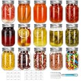 CycleMore 16 oz Mason Jars With Airtight Lids and Brands 15 Pack Glass Canning Jars with Regular Mouth, Pint Clear Glass Jar For DIY Projects, Food Storage and Fermenting with Brush & 24 Labels