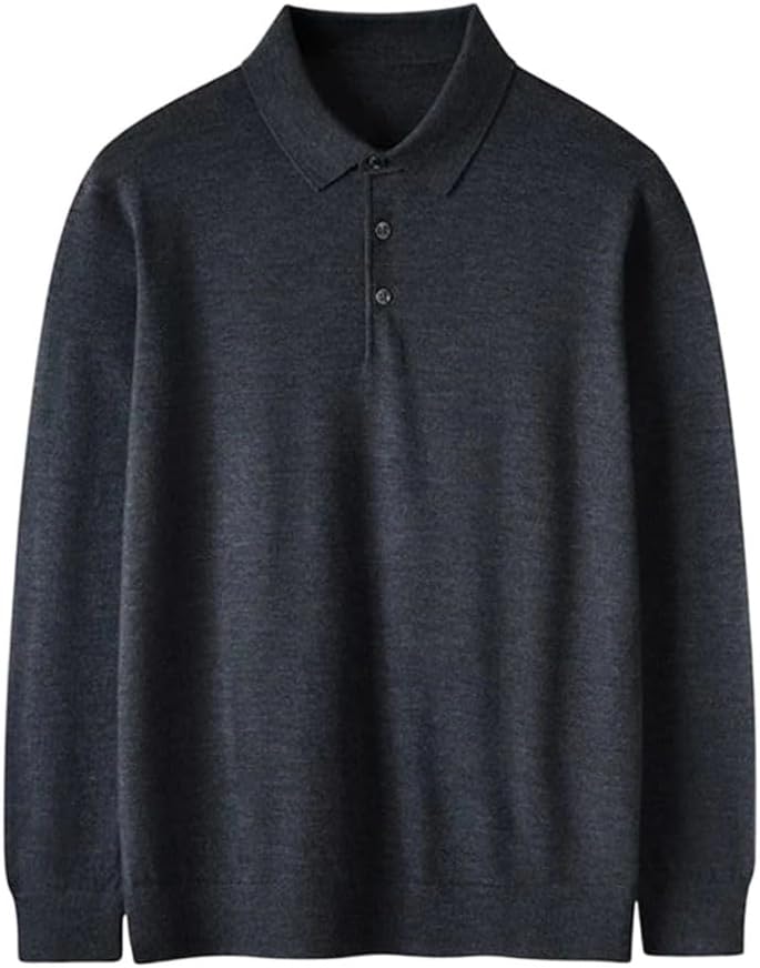 Dninmim Men's 100 Percent Wool Sweater Polo Collar Loose Pullover Business Casual Thin Jumper
