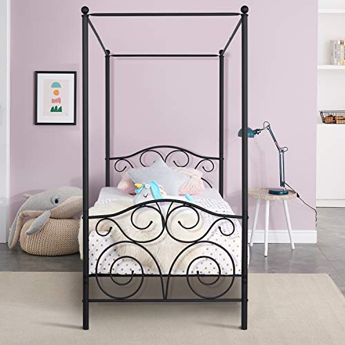 Image of VECELO 4 Corner Metal Canopy Bed Frame, Platform Mattress Foundation, Four Corner Bedding Mosquito Netting Bracket, No Box Spring Needed (Matte Black, Twin)