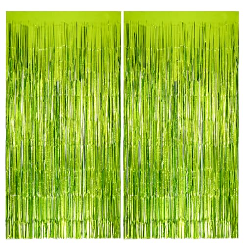 Vagilelf 2 Pack Lime Green Party Decorations Tinsel Foil Fringe Backdrop 3.3x6.6 Durable Metallic Tassel Create Photo Booth & Entrance for Margaritas Party Decorations