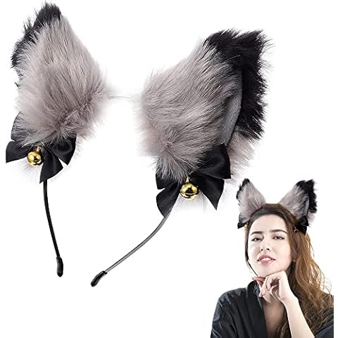 Cat Ear Headwear, Cat Ear Hair Hoop, Cat Ear Hair Band, Fox Ears Hair Hoop, Cat Ear Headband Bells, for Women Girls Daily and Party Decoration Costume Dressing Parties (Black+Grey) Cover