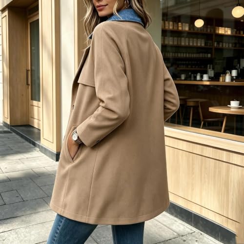 Trench Coat Women Denim Spliced Double Breasted Coat Notched Lapel OverCoat - image 3