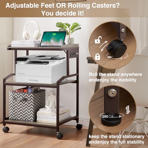 Image of Lauren&Harold 34'' Printer Stand with Power Outlets & USB Ports Grey /Bronze