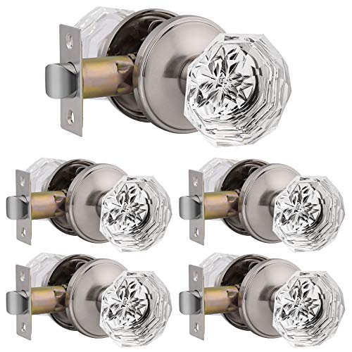 5 Pack Keyless Passage Door Knobs(Unlocking Interior Door Knob Sets), Crystal Glass Door Handles for Hallway/Closets, Octagon Diamond Shape in Modern/Superb Design-Satin Nickel Finish 5 Pack Keyless Passage Door Knobs(Unlocking Interior Door Knob Sets), Crystal Glass Door Handles for Hallway/Closets, Octagon Diamond Shape in Modern/Superb Design-Satin Nickel Finish