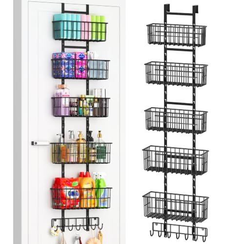Hongtamoya Adjustable Over the Door Organizer, Metal Hanging Door Organizer with 5 Wire Basket 7 Hooks, Wall Mounted Shelf for Pantry Laundry Organization and Storage, Black