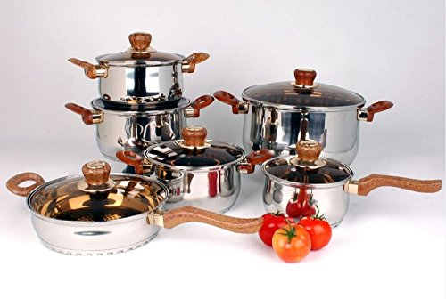 Uniware Stainless Steel Cookware Set (12 Pcs Stainless Steel Brown Handle Pot and Pan set)
