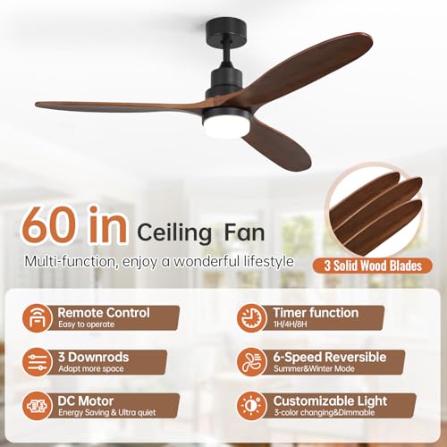 Image of Sofucor 60 Inch Wood Ceiling Fans with Lights and Remote, Indoor /Outdoor | Modern, 3 Blade, Quiet Reversible DC Motor, 3CCT Dimmable, 6 Speeds, Bedroom /Living Room /Farmhouse /Patio /Kitchen, Brown