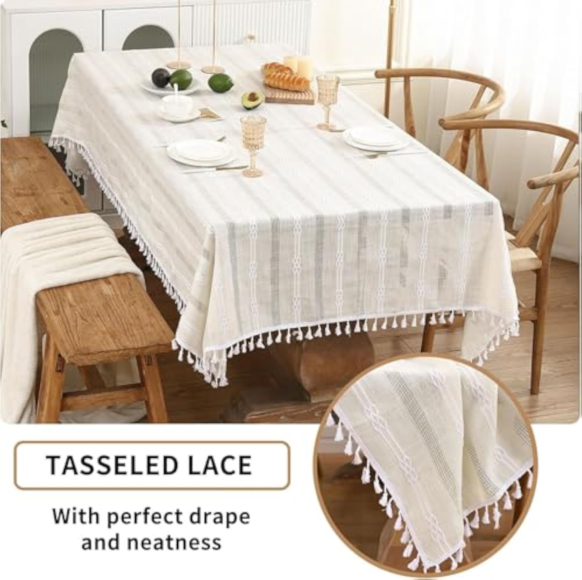 Farmhouse Dining Table Cover with Embroidery & Tassel Edges