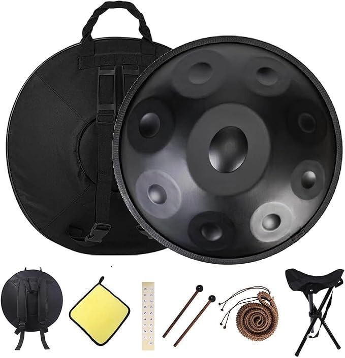 56 cm Handpan, 432 Hz 440 Hz bębny dla dorosłych, d-moll – 9/10/12, ręczny bęben z miękką torbą, młotkami, stojakiem, instrumentem stalowym (niebieski, 440 Hz/12 nut)