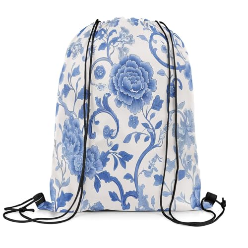 Feelyou Flower Drawstring Backpack 13"x15.7" Floral Botanical Gym String Bag Blossom Flowers Pattern Sports Drawstring Sackpack White Blue Rawstring Bags3