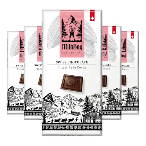Milkboy Swiss Dark Chocolates - 72% Cocoa, Made in Switzerland, Dairy Free, Vegan, Gluten-Free, Non-GMO, Kosher, Sustainably Farmed, European Chocolate - 3 oz, Pack 5
