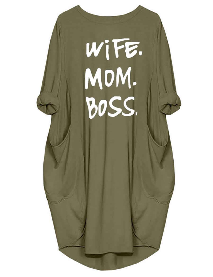 Wife Mom Boss Letters Print Cotton Long Sleeve T-Shirt Dresses Pockets For Women