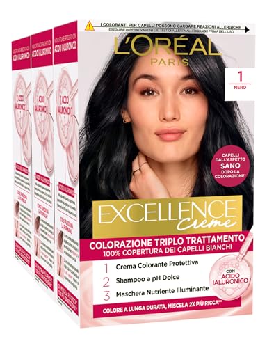 L'Oréal Paris Excellence Creme - Coloración permanente, 1 negro, triple tratamiento, 3 tintes