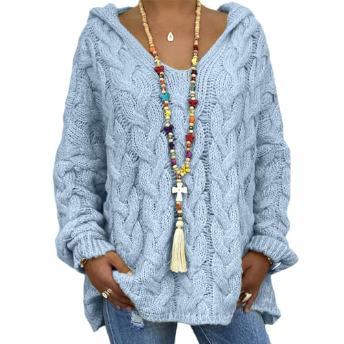V-Neck Hooded Sweaters for Women Long Sleeve Pullover Cable Knit Chunky Sweater Fall Going Out Travel Jumper Tops