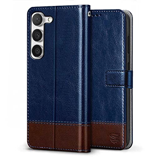 Image of FLIPPED Vegan Leather Flip Case Back Cover for Samsung Galaxy S23 5G (Flexible, Shock Proof | Hand Stitched Leather Finish | Card Pockets Wallet & Stand | Blue with Brown)