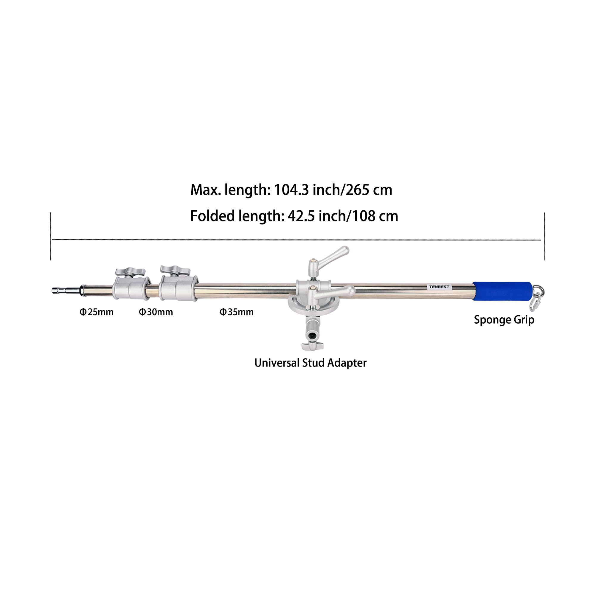 TENBEST Stainless Steel Heavy Duty Boom Arm Bar with Sand Bag for Professional Light Stand and C Stand