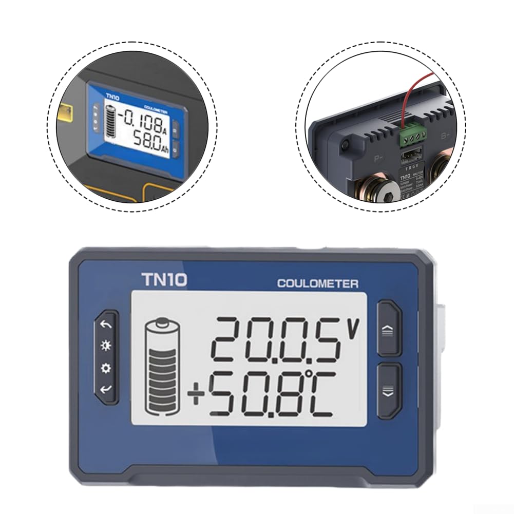 TN10 - Monitor de batería de 8 a 80 V, pantalla LCD de capacidad con voltaje SOC, corriente, tiempo, temperatura, alarma programable para sistemas de litio, fosfato ferroso, plomo-ácido