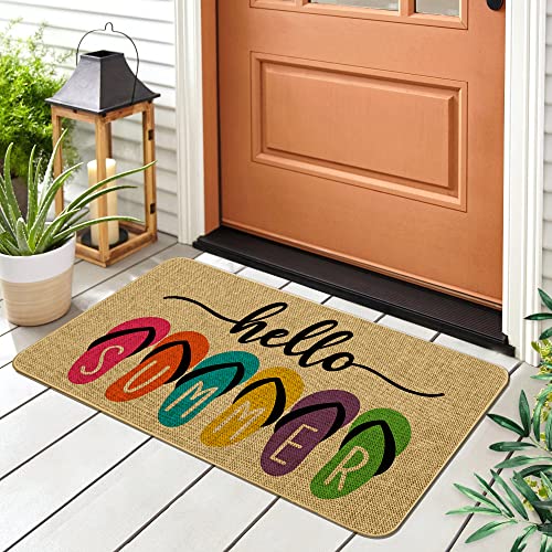 ZIHEAN Hello Summer Flip Flop Door Mat Non Slip Rubber Summer Slippers Welcome Doormat Seasonal Spring Holiday Low-Profile Floor Mat for Indoor Outdoor 17 x 29 Inch