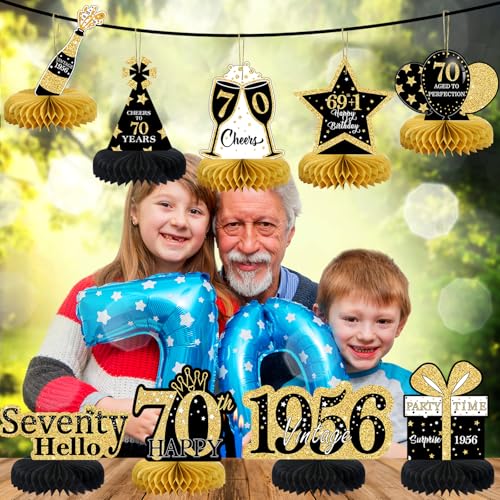 Image of 9Pcs 70th Birthday Decorations Honeycomb Centerpieces for Men Women, Black Gold Happy 70th Birthday Centerpieces Tables Toppers Party Decorations Supplies,Vintage 1956 Aged Table Sign Decor