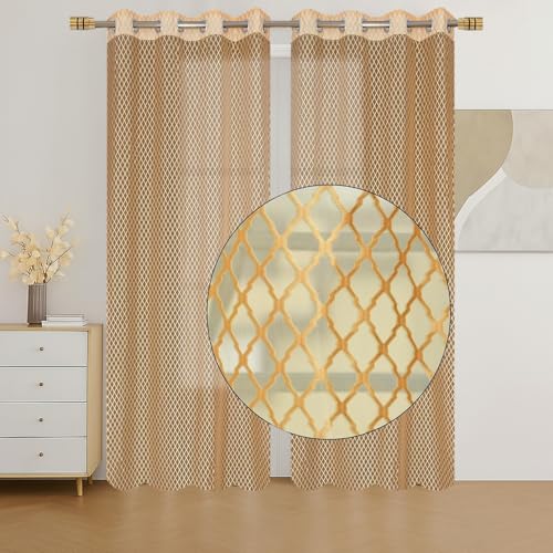 Image of IVAZA Heavy Premium Polyester Beautiful Moroccan Trellis Design Transparent Net Curtains | Modern Parde for Living Room Bedroom | Home Office Screens Door- 7 Feet (Pack of 1) Gold