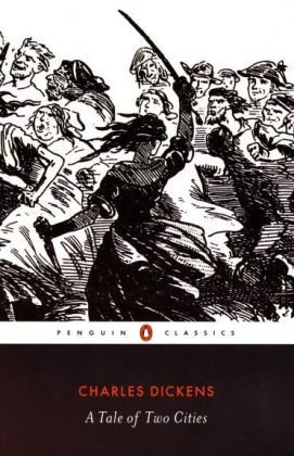 A Tale of Two Cities by Charles Dickens, black and white book cover featuring figures in battle, one is holding up a sword in a determined pose.