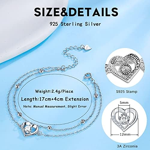 Lydreewam Love Heart Bracelet for Women 925 Sterling Silver Double Chain Bracelet with Zirconia Birthday Mother's Day Valentines Day Jewelry Gift, Adjustable 17+4cm