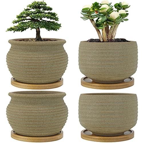 MUZHI Rustic Small Plant Bonsai Pot with Bamboo Tray Set of 4, Unglazed Ceramic Cactus Planter Pot...