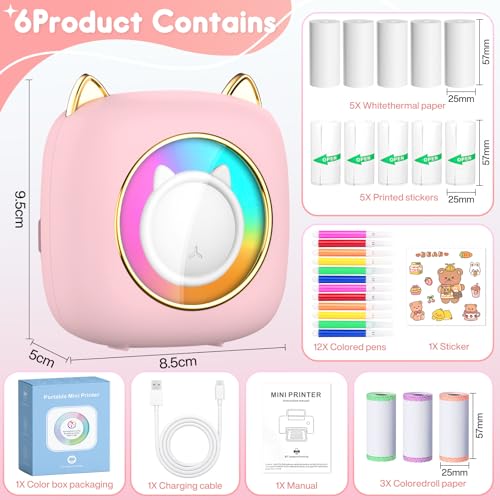 ZQEJEFD Mini Drucker, Tragbarer Mini Fotodrucker Thermodrucker Smartphone Taschendrucker, Wireless Bluetooth Fotodrucker Kompatibel mit Android & iOS mit 14 Rollen Papier für Notizen, Liste, Rosa