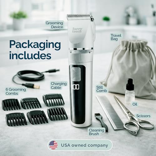 Furry Touch Dog Grooming Kit - 2 Power Modes Quiet & Strong, Cordless Dog Clippers for Grooming & Dogs Hair Trimmer for Groomings, Ceramic Blades, 6 Guide Combs, Rechargeable Trimmer for Cats and Pets - 5