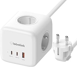 6 in 1 Cube Extension Cable 3 AC Sockets GAN Fast Charger 65W Multiple with 2 USB C and 1 USB A Multi Socket with Switch for Home Kitchen Office Braided Cable - 1.5m