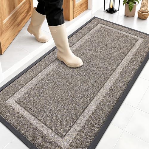 Image of OLANLY Front Door Mat Indoor Outdoor Entrance, Waterproof All-Season, All-Weather Doormat, Sturdy Natural Rubber, Low Profile, Easy Clean Patio Porch Entryway Mat, 47x23, Khaki and White