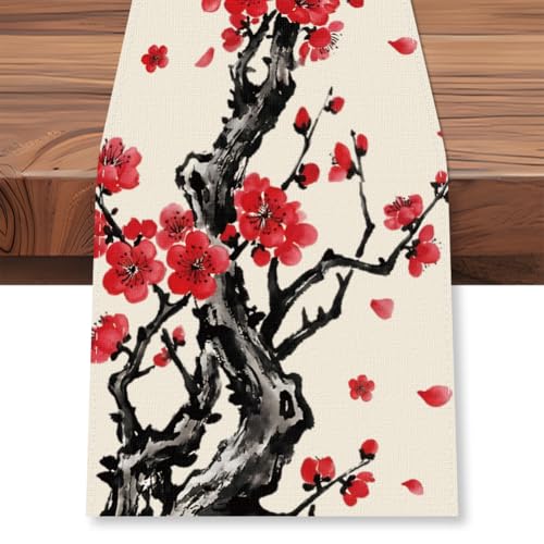 WADORN Nappe de Table Prunus Vintage, 33x183cm Décoration de Table Florale Orientale Asiatique Printemps Art Pictural Chinoiserie Lavable en Machine...