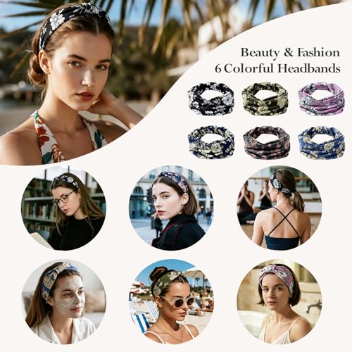 Image of HSEM Wide Headbands for Women 6-Pack - Non-Slip Boho Hair Bands, Thick Elastic Flower Head Bands - Large Knotted Soft Stretchy Sweat Bands for Sports, Yoga, Washing Face, Makeup, Running, Spa