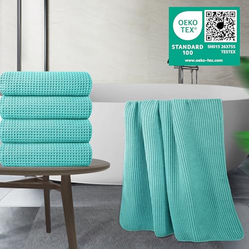 Image of POLYTE 430 GSM Microfiber Oversize Quick Dry Lint Free Bath Towel, 60 x 30 in, 4 Pack (Waffle Weave)
