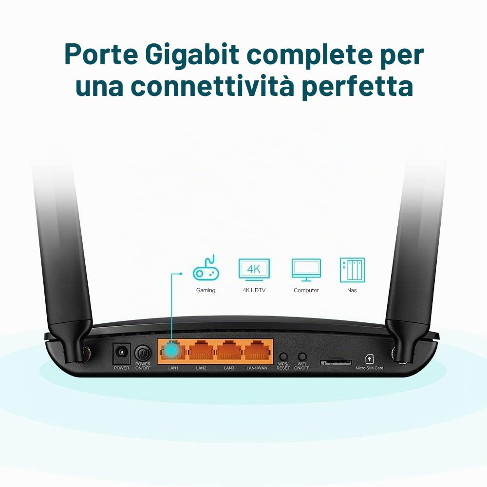 TP-Link Router Gigabit wireless dual band AC1200 4G+ Cat6, slot SIM di rete 4G/3G sbloccato, tecnologia MU-MIMO, nessuna configurazione richiesta, supporto rete ospite e controllo genitori (Archer MR6