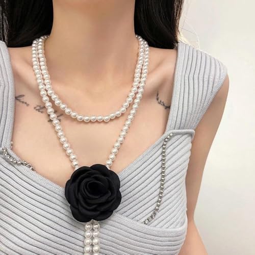 Clothing Supplies Elegant Accessories Dress Decorative Pearl Waist Belts Pearl Waist Chain Camellia Flower Elastic Belt(black)
