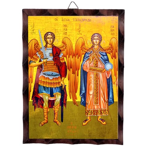 Threehoney Greek Christian Orthodox Icon for Wall Archangels Michael and Gabriel Image Hanging Painting 6.3 x 4.7 in Handmade Solid Wood Decorative Painting for Home and Church Decoration