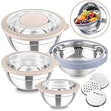 TeamFar Mixing Bowls with Colander Set, Stainless Steel Strainer and Nesting Salad Bowls, with Lids & 3 Graters, Non-Slip Bottom & Visible Lid, Rotatable & Dishwasher Safe, 4.6/3/1.5 QT, Khaki