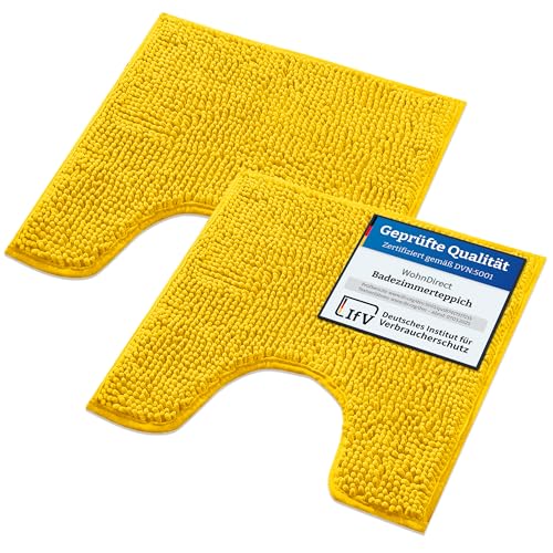 WohnDirect Badematten Set 2 teilig - Gelb 45 x 45 cm MIT WC-Ausschnitt - rutschfest & Waschbar - Badvorleger, Badezimmerteppich, WC Vorleger